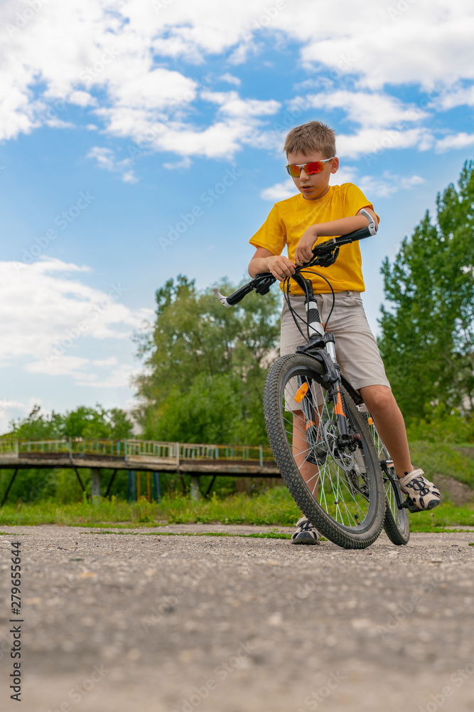 Fototapeta premium Portrait of a boy in sunglasses, with a bicycle, against a background of trees and blue sky