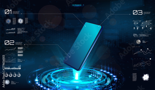 Technology hologram with Smartphone blank. Hud interface on mobile telephone. 3D isometric mobile phone, perspective view. Template presentation UI design, App. Hologram Smartphone with HUD interface