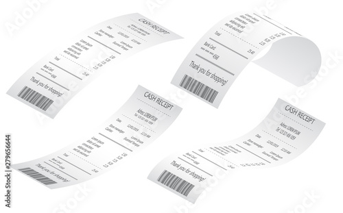 Cash register sales receipts printed on thermal rolled paper. Sales printed receipt. Bill atm template