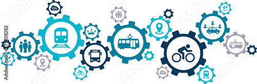 new mobility icon concept – ecological public transport alternatives: bus, bike, car sharing, train - vector illustration
