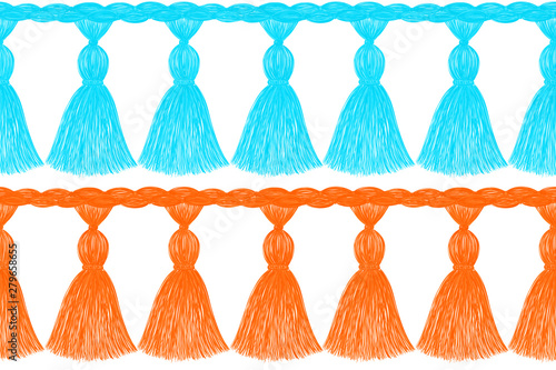 Tassel patterns set. Fringe borders. Trendy fashion design. Sketch. Clothes decoration. Ethnic. Folk. Vintage. Boho style.