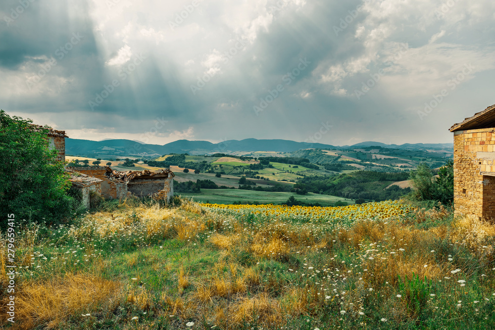 Meadows and cultivated fields of countryside, cloudy sky with sunbeams