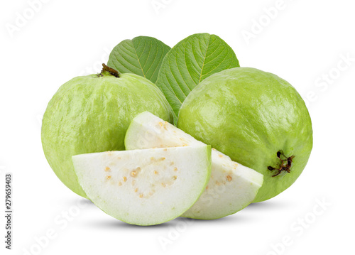 Guava fruit with leaf isolated on white background . full depth of field