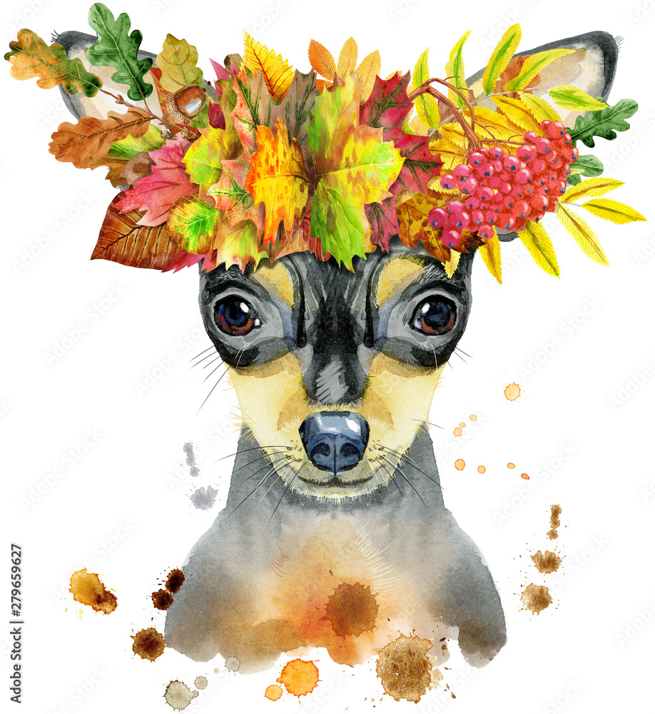 Plakat Watercolor portrait of toy terrier in wreath of leaves