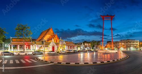 Panorama view of Red giant swing and Front of Wat Suthat Thepwararam temple , Bangkok’s destination. Bangkok, Thailand photo