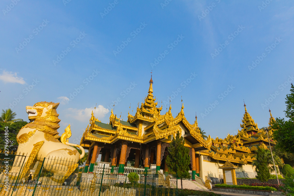 Grate lion statue at north entrance gate of Shwedagon pagoda,Yangon in Myanmar