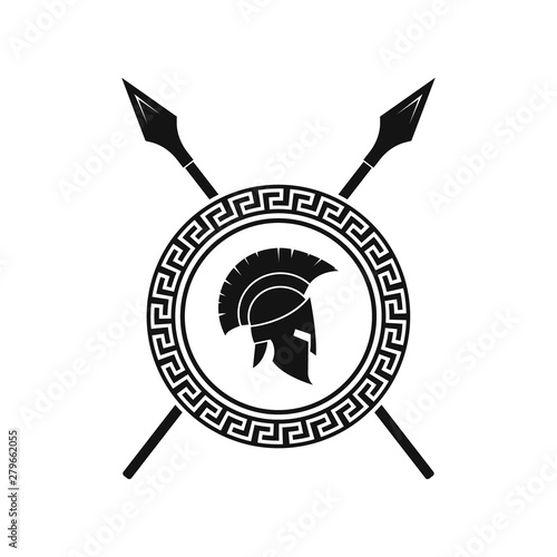 Spartan helmet, shield and spears illustration. Vector.