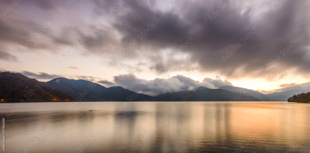 Lake Chuzenji in Nikko, Japan at sunset.