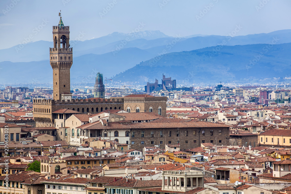 View of Palazzo Vecchio and the beautiful city of Florence from Michelangelo Square