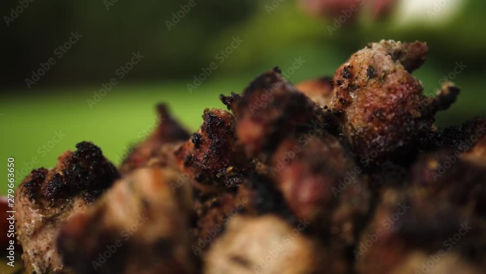 Serving Marinated Shashlik skewered meat on a Grill BBQ. Beef prepared on fire. Barbecue party in slow motion Serving Marinated Shashlik skewered meat on a Grill BBQ. Beef prepared on fire. Barbecue party in slow motion