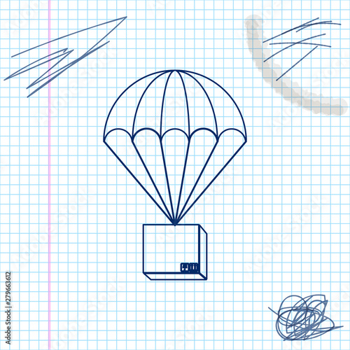 Box flying on parachute line sketch icon isolated on white background. Parcel with parachute for shipping. Delivery service, air shipping concept, bonus concept. Vector Illustration