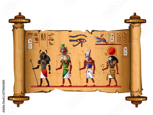 Ancient Egypt papyrus scroll cartoon vector with hieroglyphs and Egyptian culture religious symbols, Ra and Horus, falcons, sun gods, Khepri scarab, rising god and Khnum ram, keeper of Nile source.