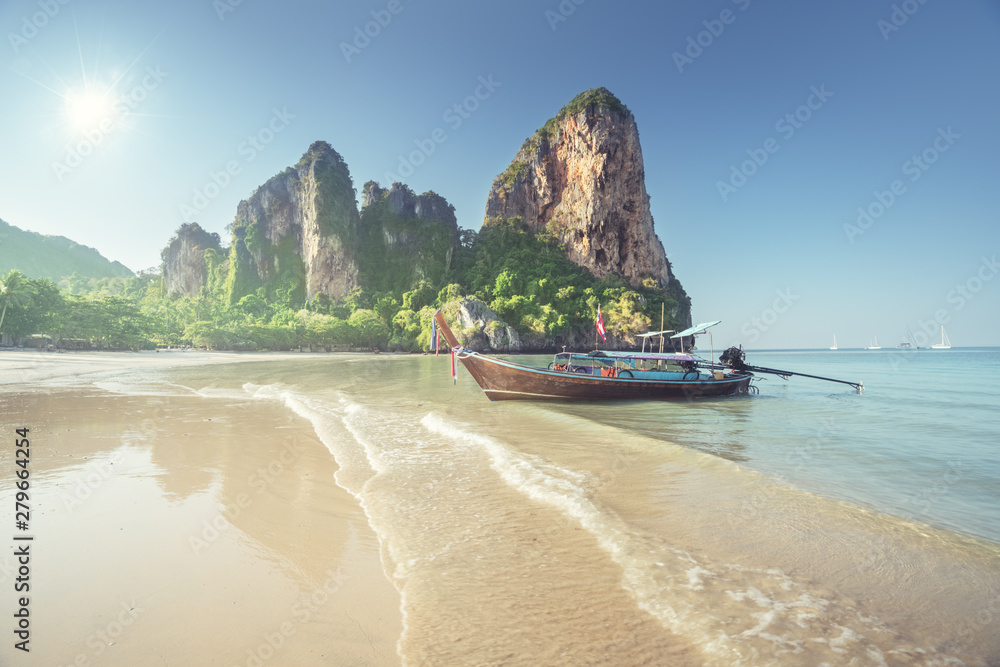 Fototapeta premium boats on Railay beach in Krabi Thailand