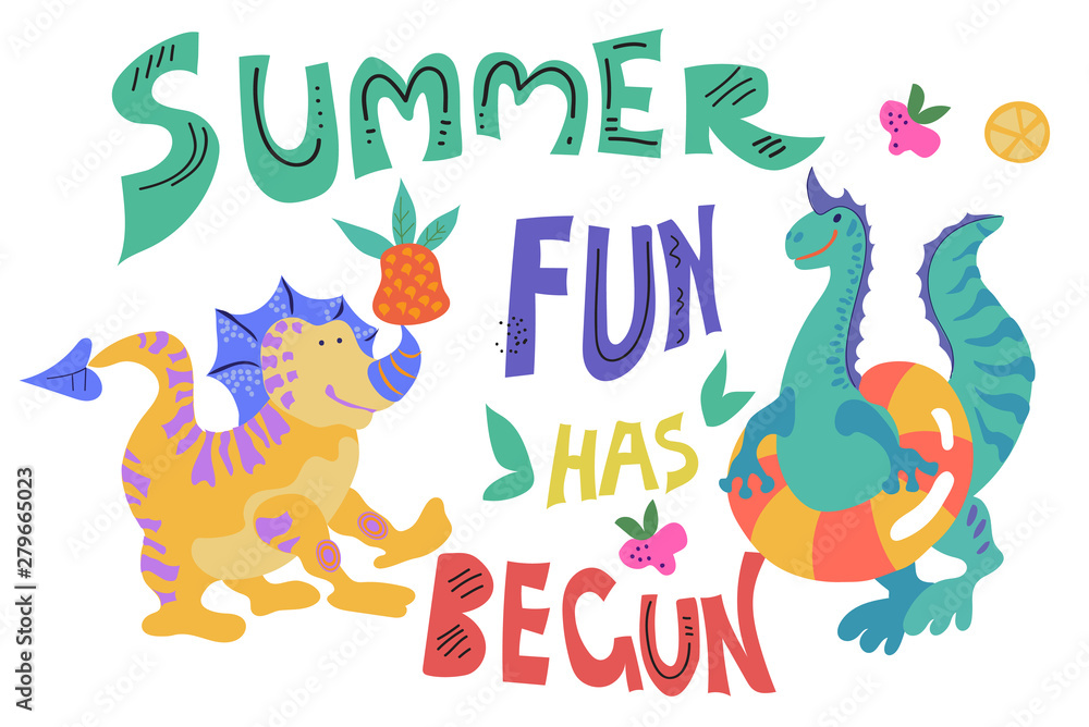 Cute dinosaurs or dragons on the beach or swimming pool with summer slogan vector illustration. Poster or banner template to illustrate summer fun. Cute dinosaurs or dragons on the beach or swimming pool with summer slogan vector illustration. Poster or banner template to illustrate summer fun.