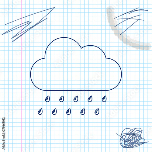 Cloud with rain line sketch icon isolated on white background. Rain nimbus cloud precipitation with rain drops. Vector Illustration