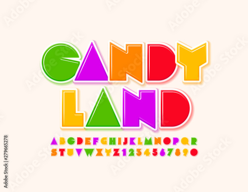 Vector colorful banner Candy Land. Creative Uppercase Font. Bright Alphabet Letters and Numbers