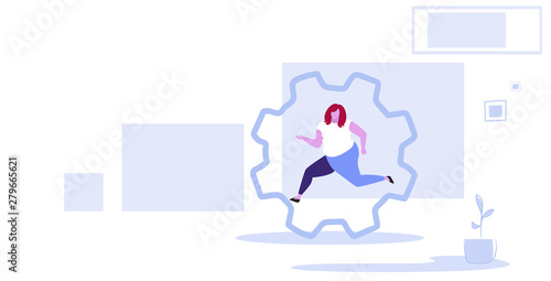 fat obese woman running in cog wheel hardworking process concept over size girl office worker inside corporate machinery gearwheel cabinet interior sketch horizontal full length