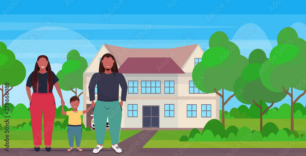fat overweight family holding hands obese mother father and daughter standing together over size parents with child having fun villa house landscape background full length flat horizontal