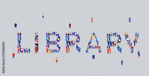 businesspeople crowd gathering in shape of library word different business people employees group standing together social media community concept flat horizontal