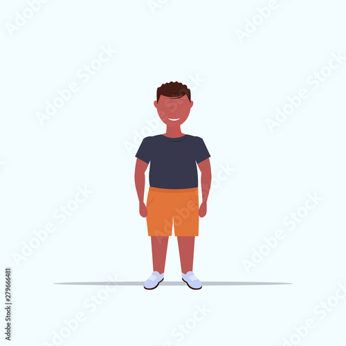 overweight smiling boy over size child standing pose unhealthy lifestyle concept obese african american male cartoon character full length flat white background