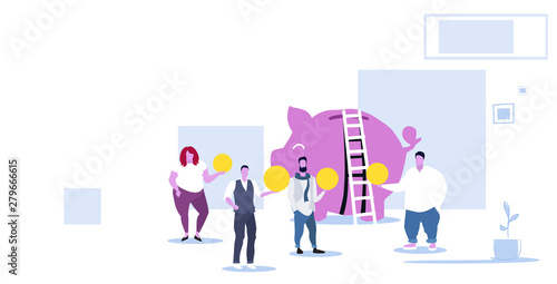 business people group investing money into piggy bank investment crowdfunding concept businesspeople holding coins standing together modern office interior sketch horizontal