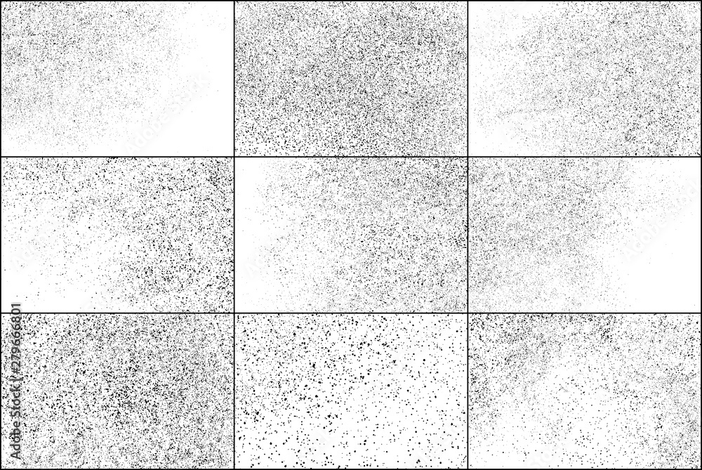 Naklejka premium Set of Black Grainy Texture Isolated on White Background. Dust Overlay Textured. Dark Rough Noise Particles. Chaotic Explosion. Vector Design Elements, Illustration, EPS 10.
