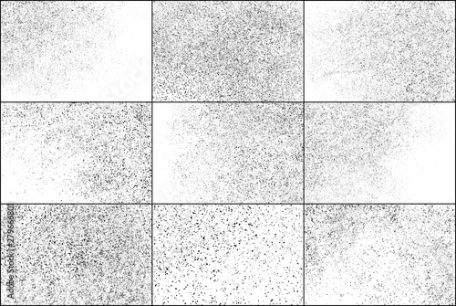 Set of Black Grainy Texture Isolated on White Background. Dust Overlay Textured. Dark Rough Noise Particles. Chaotic Explosion. Vector Design Elements, Illustration, EPS 10.