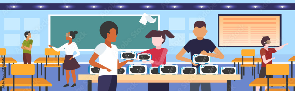 students testing 3d glasses mix race teenagers wearing virtual reality digital goggles headset vision vr technology concept modern classroom interior flat horizontal students testing 3d glasses mix race teenagers wearing virtual reality digital goggles headset vision vr technology concept modern classroom interior flat horizontal