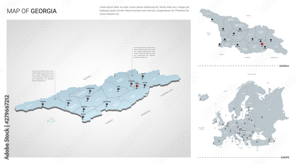Vector set of Georgia country. Isometric 3d map, Georgia map, Europe map - with region, state names and city names. Vector set of Georgia country. Isometric 3d map, Georgia map, Europe map - with region, state names and city names.