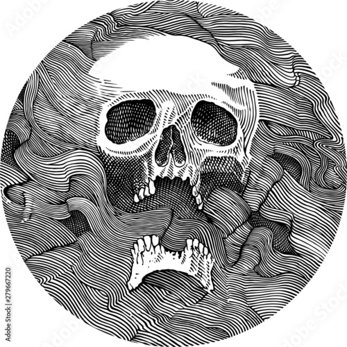 Black and white vector drawing of human skull appearing through lines 