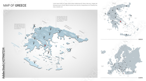 Vector set of Greece country. Isometric 3d map, Greece map, Europe map - with region, state names and city names.