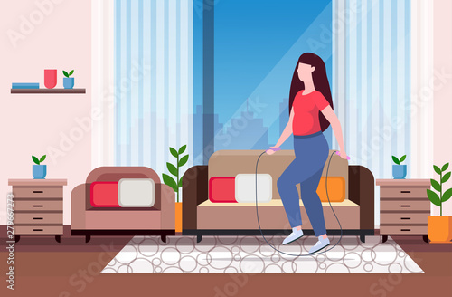 fat obese woman doing exercises with jumping rope overweight girl training workout weight loss concept flat full length modern living room interior horizontal vector illustration