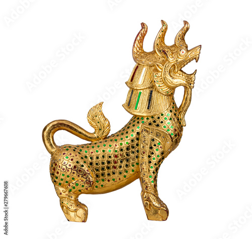 Golden lion statue isolated with white background