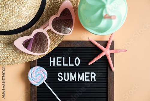 Travel accessories items on color background, Summer vacation concept