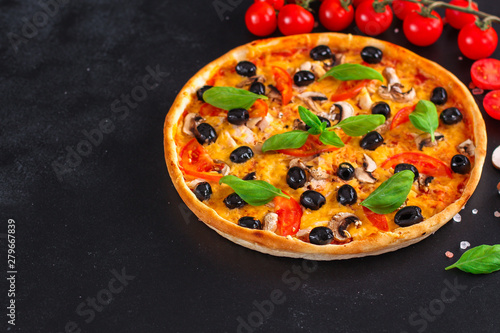 pizza, mushrooms, olives, chicken, tomato sauce, cheese, (ingredients). hot pizza. Top view. copy space