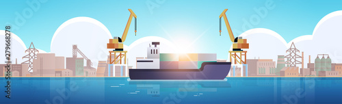cranes in port loading containers on ship cargo industrial seaport sea transportation logistic maritime shipping concept factory buildings industrial zone background flat horizontal