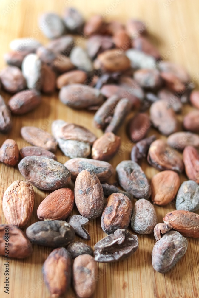 cocoa beans on a wooden surfaceb ingredient for vegetarian food cocoa beans on a wooden surfaceb ingredient for vegetarian food