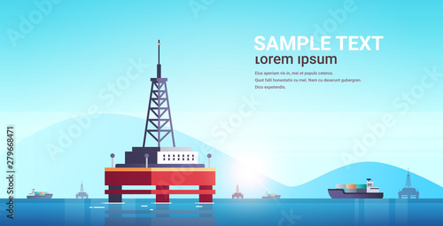 sea platform industrial offshore rig drilling facility power station in water oil industry concept seascape mountains background flat horizontal copy space