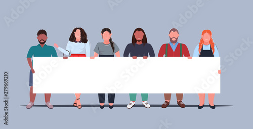 fat overweight people group holding empty placard sign board demonstration concept obese mix race men women standing together full length flat horizontal
