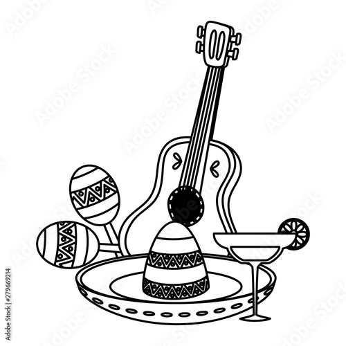 mexican hat with guitar and maracas
