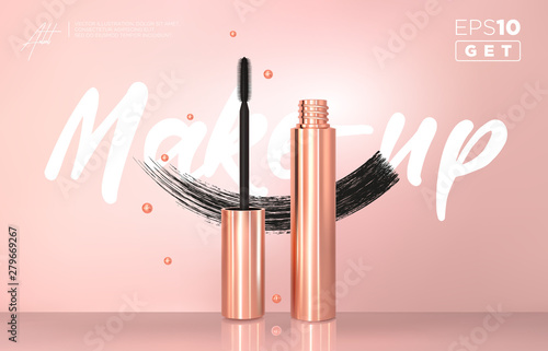 Set of realistic vector golden Mascara Bottles. Brush and mascara tube. Black wand and golden tube on rose-gold background. Fashionable cosmetics Make up design for Eyes