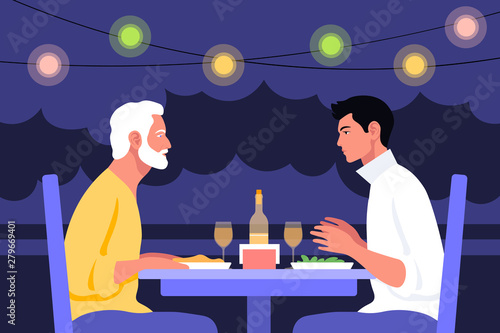 Two older men sitting at the table in profile. Date and business meeting in a cafe. Summer evening in a restaurant on the street. Vector flat illustration