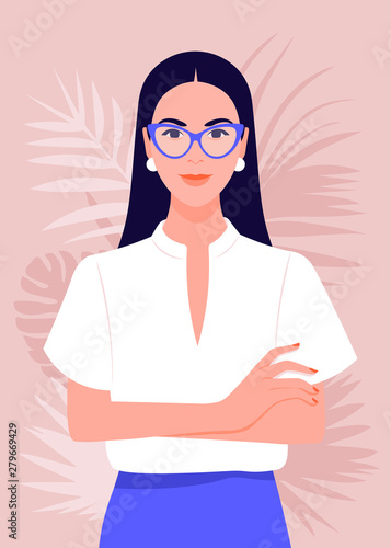 Portrait of a successful girl with arms crossed. Business woman smiling. Vector flat illustration
