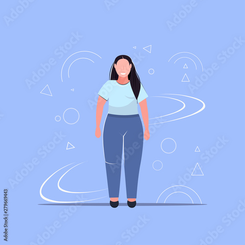fat overweight woman standing pose unhealthy lifestyle concept obese smiling girl in casual clothes over size female cartoon character full length flat