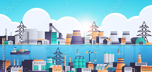 factory building industrial zone plant with pipes and chimneys near sea or river production technology concept horizontal flat