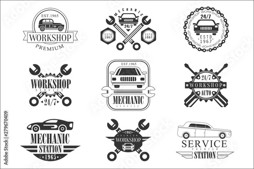 Auto Mechanic Black And White Emblems. Classic Style Vector Monochrome Graphic Design Logo Set With Text