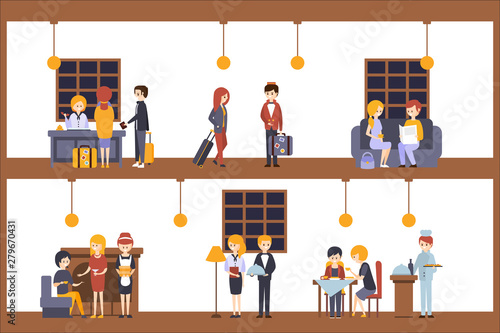 Two Illustrations, Scenes In The Hotel At Reception And Restaurant