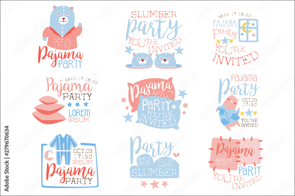 Obraz premium Pink And Blue Girly Pajama Party Invitation Templates Set Inviting Kids For The Slumber Pyjama Overnight Sleepover Cards