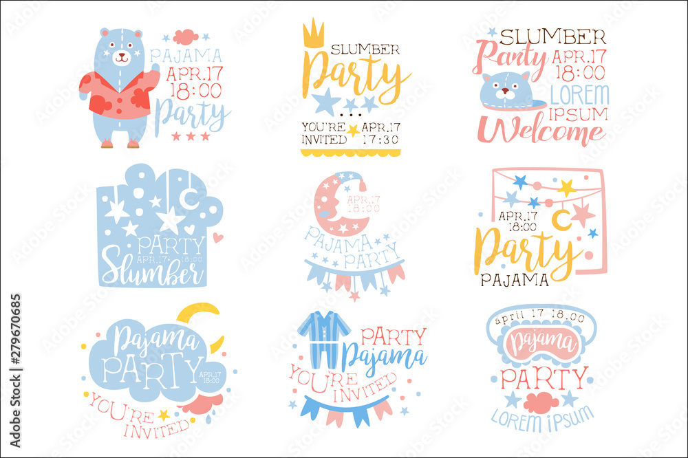 Blue And Pink Girly Pajama Party Invitation Templates Set Inviting Kids For The Slumber Pyjama Overnight Sleepover Cards