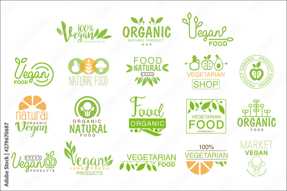 Vegan Natural Food Set Of Template Cafe Logo Signs In Green, Orange Colors Promoting Healthy Lifestyle And Eco Products - obrazy, fototapety, plakaty 